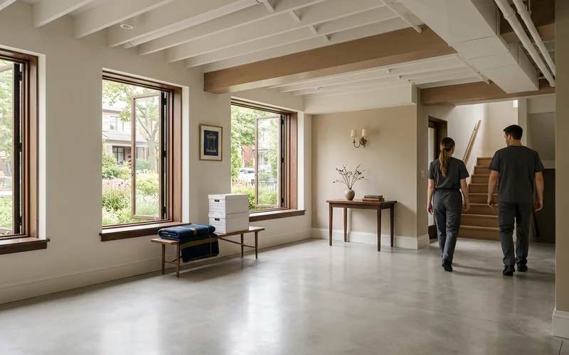 Cleared basement with swept concrete floor and open windows