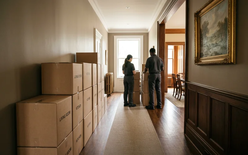 Cleared safe pathway through a hallway with boxes stacked neatly
