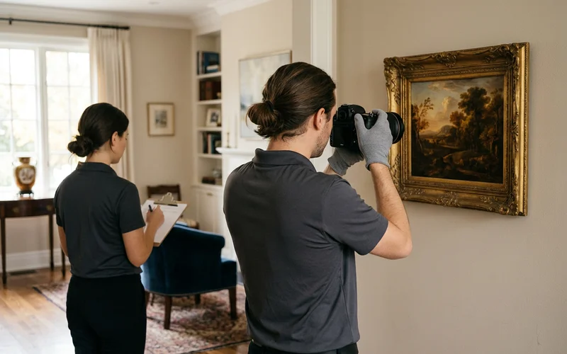 Crew member photographing a framed painting for the inventory
