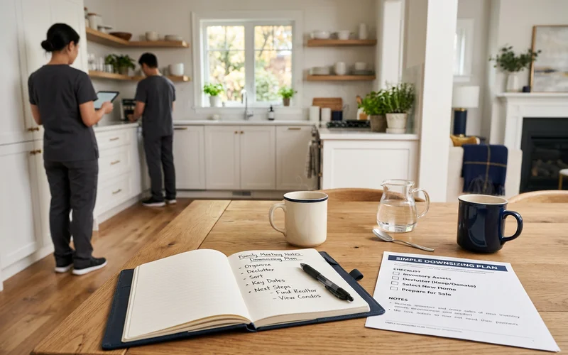 Family meeting notes and a downsizing plan on a kitchen table