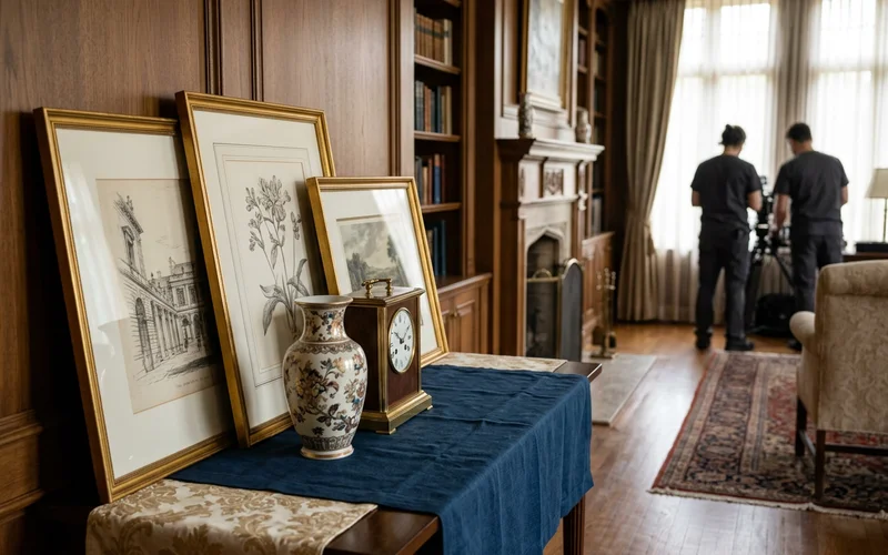 Art prints, porcelain and a clock grouped on a covered table