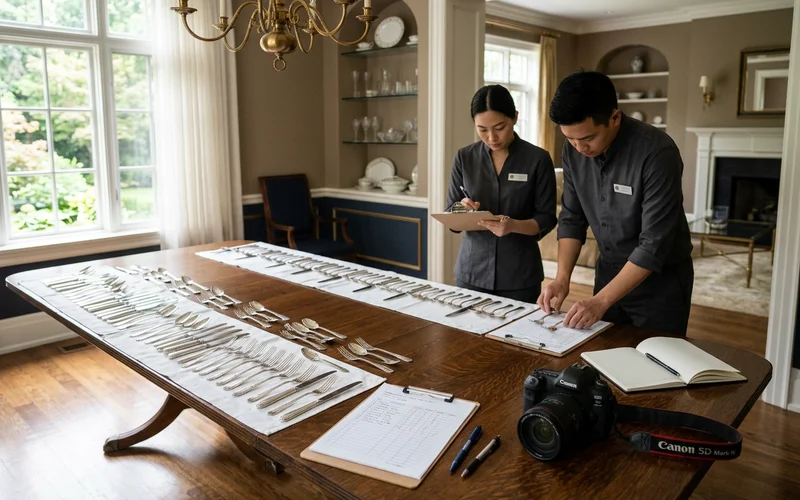 Inventory sheets and camera with silverware lined up for cataloguing