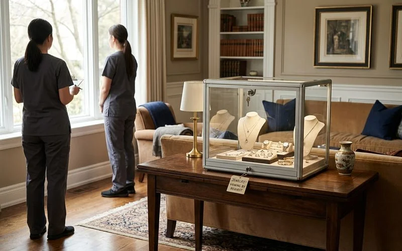 Jewelry in a locked glass display case on a side table