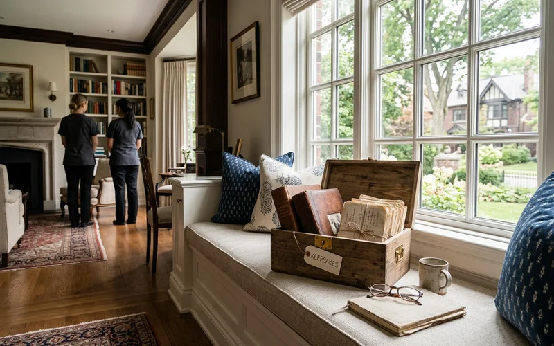 Labelled keepsake box of photo albums and letters on a window seat