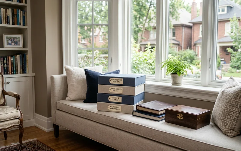 Labelled keepsake boxes of photo albums and letters set aside for family review