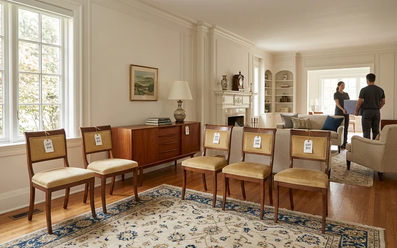 Lot tags on antique chairs and a mid-century sideboard