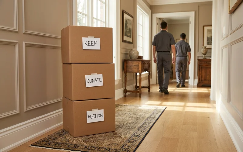 Keep, donate and auction boxes grouped in a tidy hallway