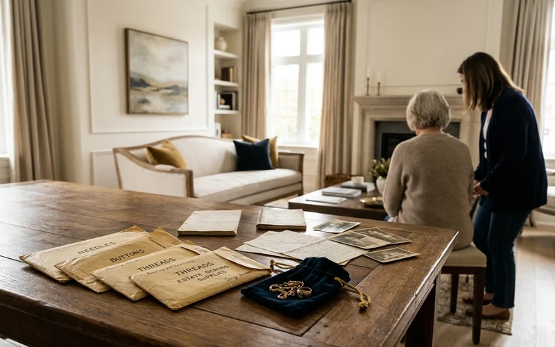 Old sewing box and envelopes laid out on a table for family review