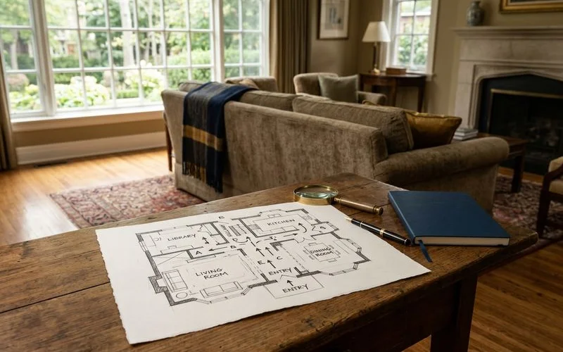Room layout sketch for an estate sale showing traffic flow