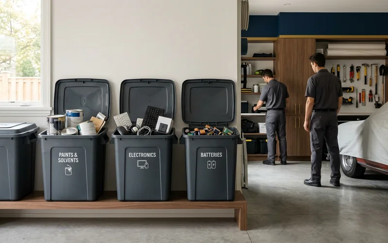 Paint cans, electronics and batteries separated into labelled bins
