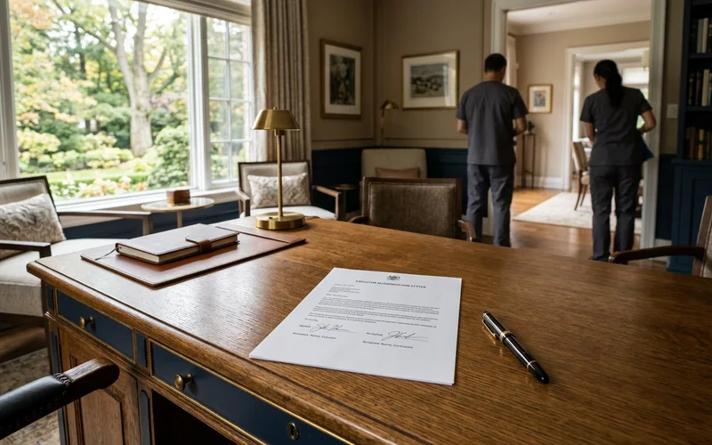 Signed executor authorization letter on a desk beside a pen
