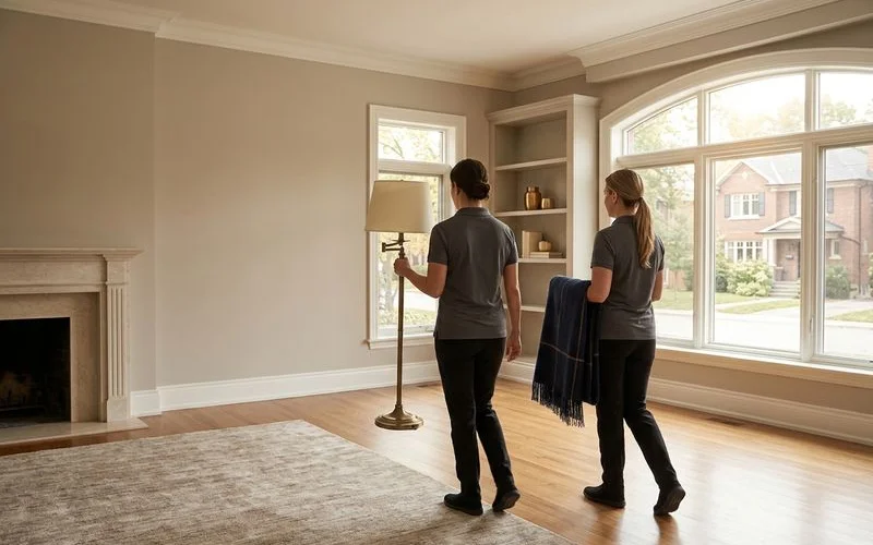 Stager carrying a lamp into an empty, swept living room