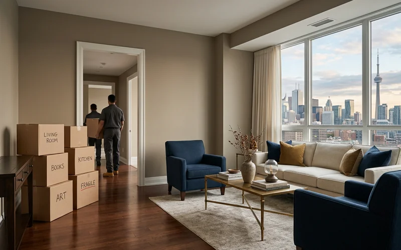Condo living room with packed boxes by the door and a city view