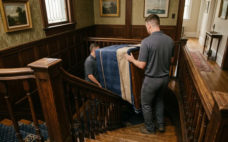Crew carrying a padded dresser down a narrow staircase