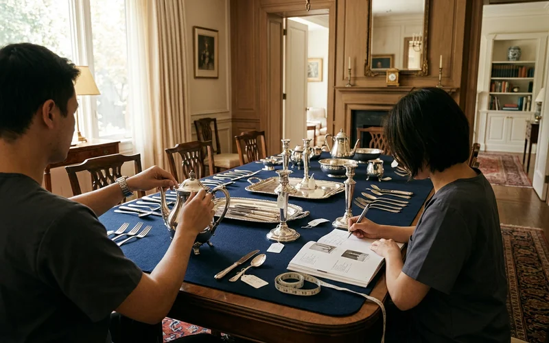 Two crew members cataloguing silver pieces for auction