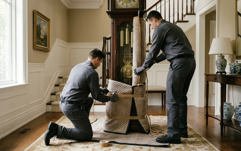 Crew crating an antique grandfather clock with padding