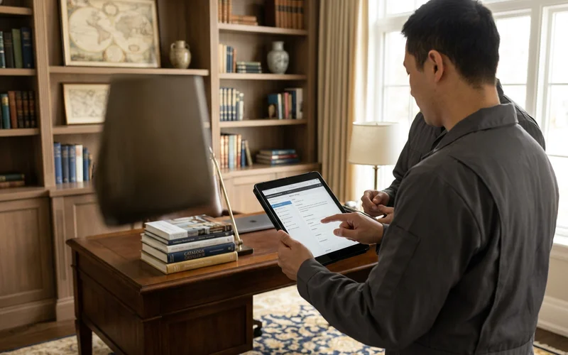 Crew members logging household items room by room on a tablet