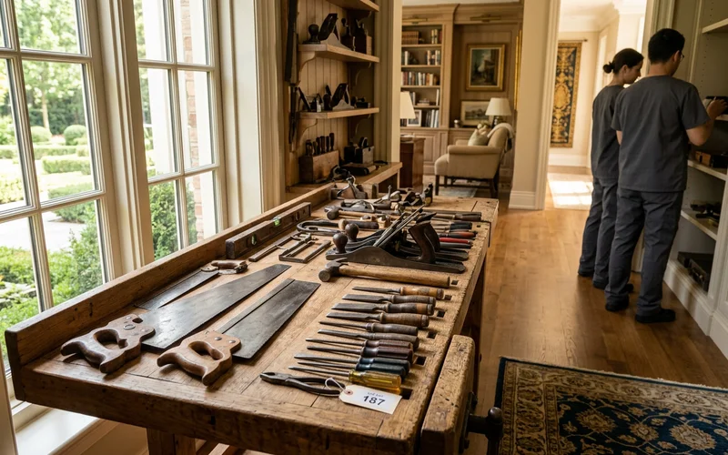 Vintage hand tools grouped into a single auction lot on a workbench