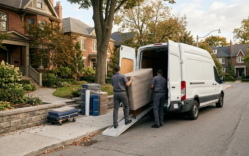 Wrapped furniture loaded into a plain white unmarked van