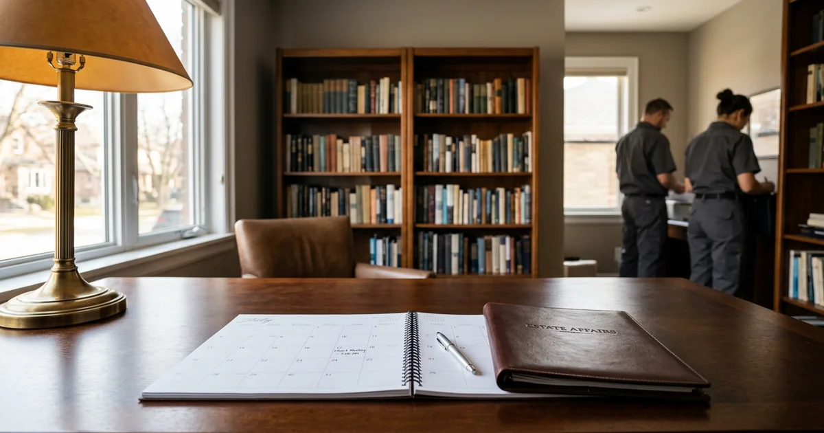 Calendar and estate folder on a desk in a quiet Toronto study