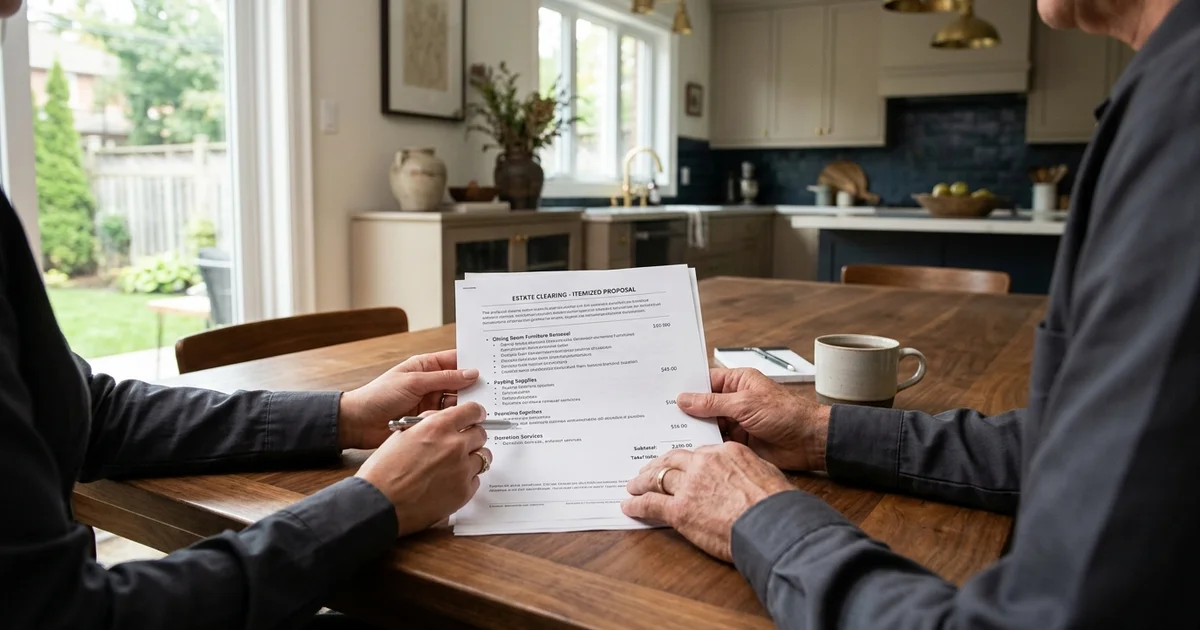 Crew lead and executor reviewing an itemized written quote at a kitchen table