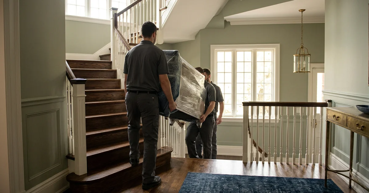 Crew of three carrying wrapped furniture down a bright staircase