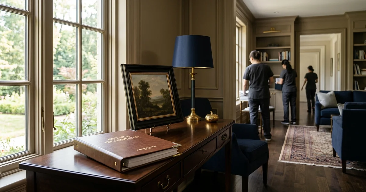 Inventory binder and a framed painting on a table in soft light