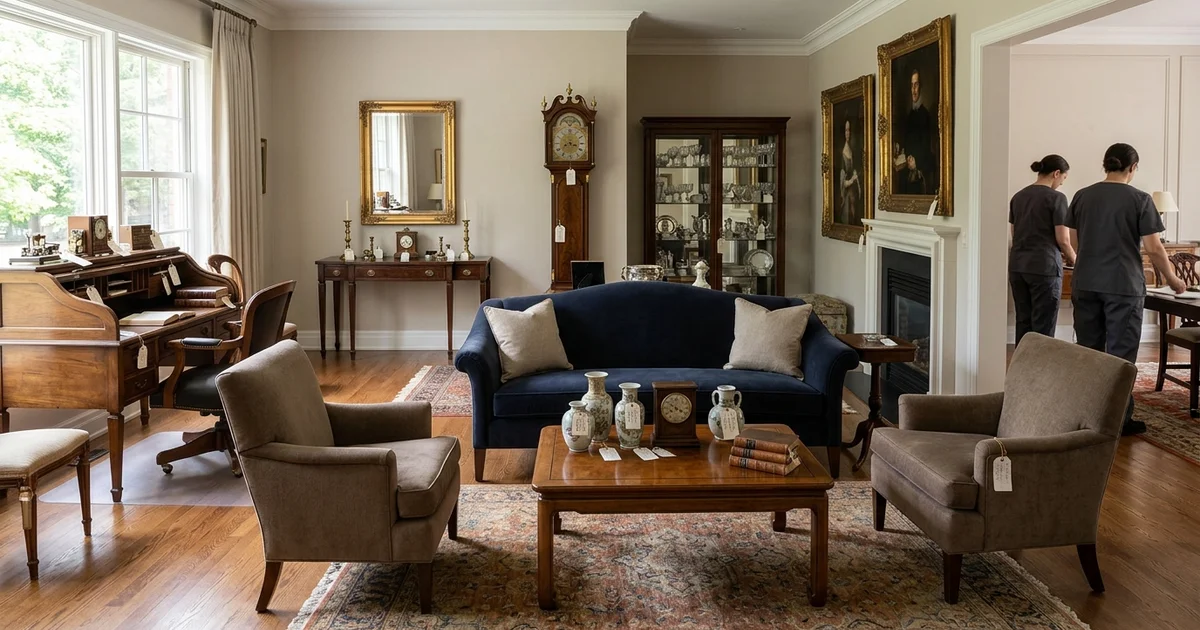 Tagged antiques in a tidy Lawrence Park living room ready for sale