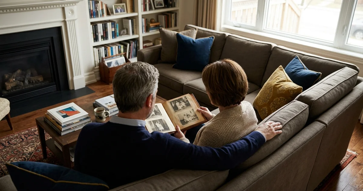Two adults looking through a family photo album on a sofa, shot over their shoulders