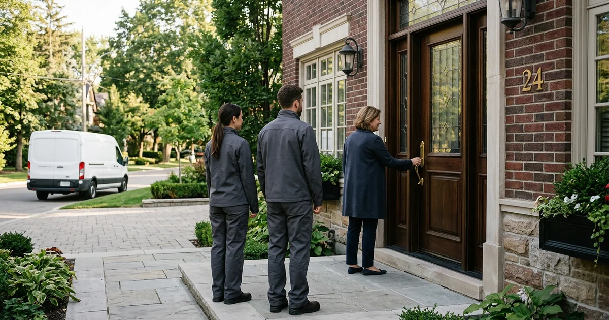 Two crew members and a family member at the front door of a Toronto home