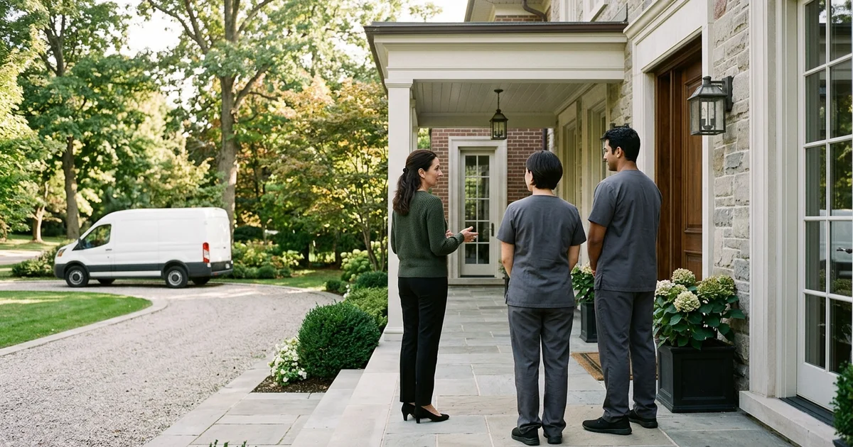 Two crew members and a family member talking calmly on a porch, seen from behind