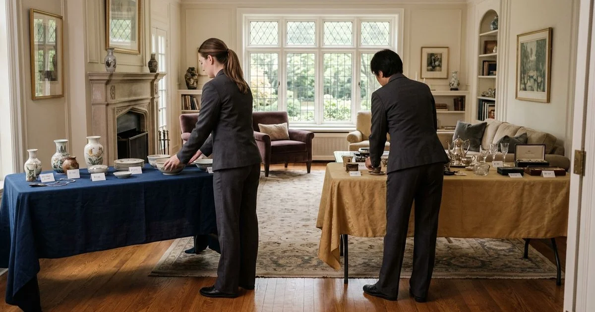 Two crew members arranging priced items on draped tables in a High Park living room