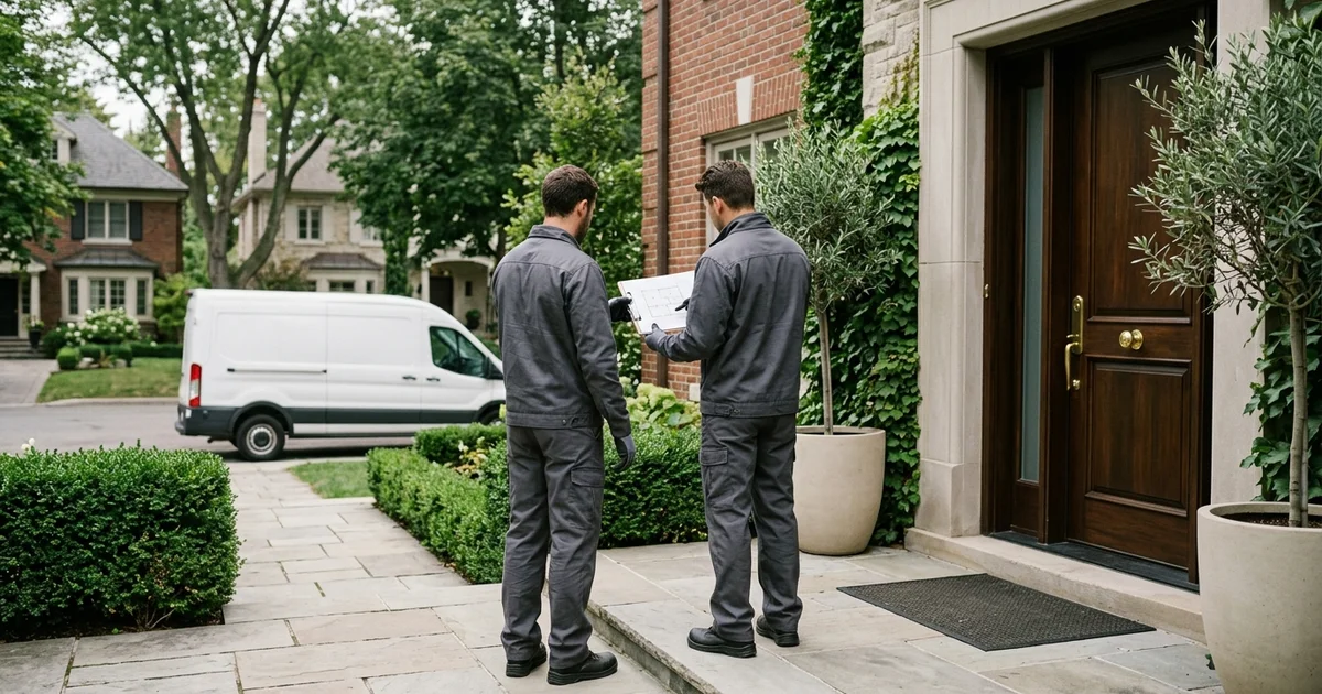 Two crew members with gloves at a front door reviewing a plan, backs to camera