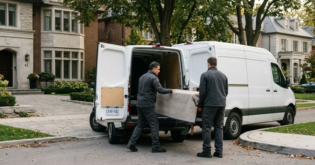Two crew members loading a wrapped dining set into a plain white van at a Toronto curb