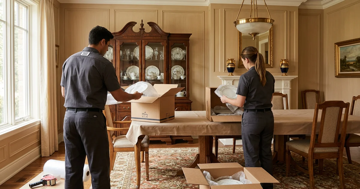 Two crew members packing a china cabinet into padded boxes in a Forest Hill dining room