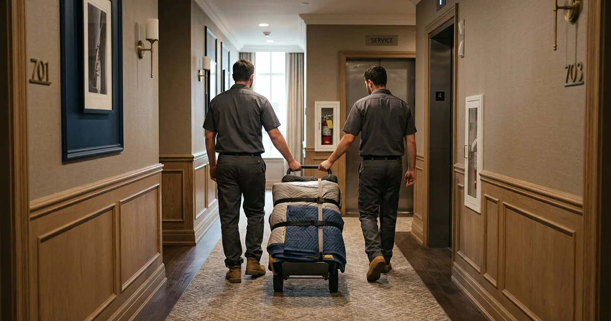 Two crew members with a padded dolly in a Yorkville condo corridor near the service elevator