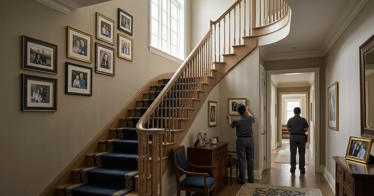 Staircase in a two-storey Leaside home in soft afternoon light
