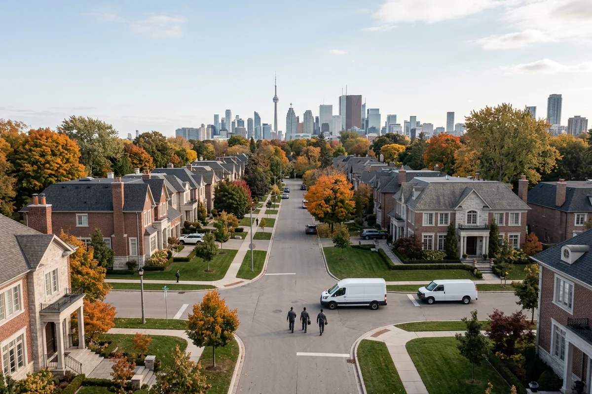 Tree-lined Toronto residential streets with the skyline in the distance