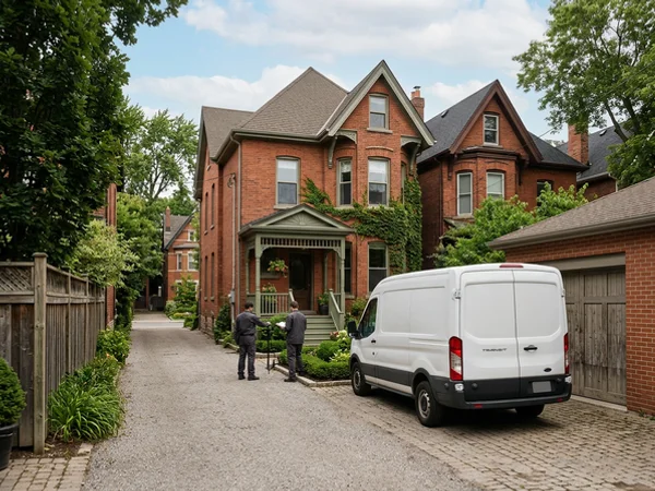 Unmarked van in a laneway behind a Victorian row house