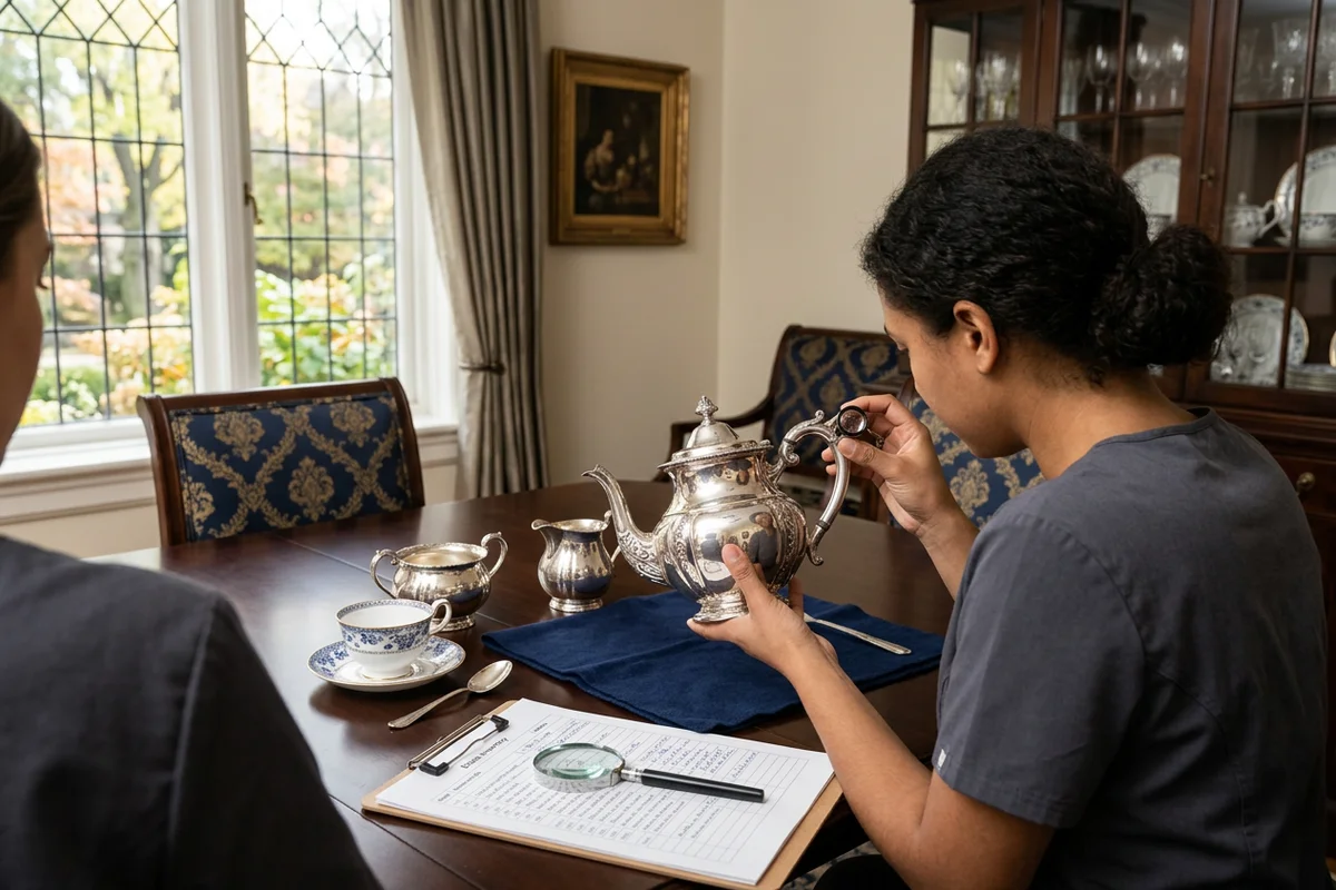Crew examining a hallmark on a sterling silver teapot beside an inventory sheet