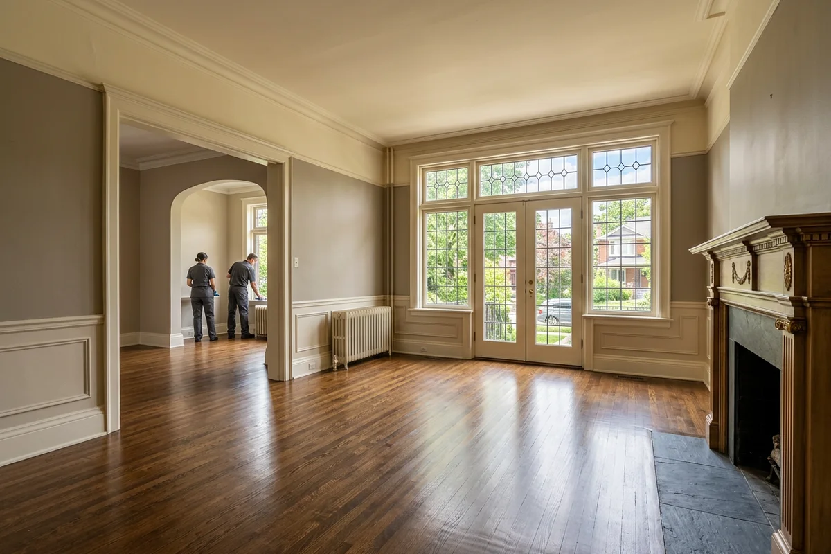 Empty, swept living room with hardwood floors after a full estate clearing
