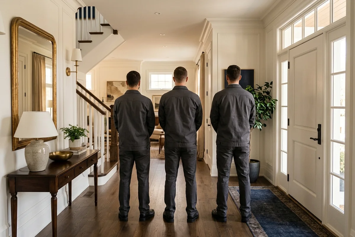 Estate Clearing Toronto team in plain charcoal uniforms in a bright home entrance, seen from behind
