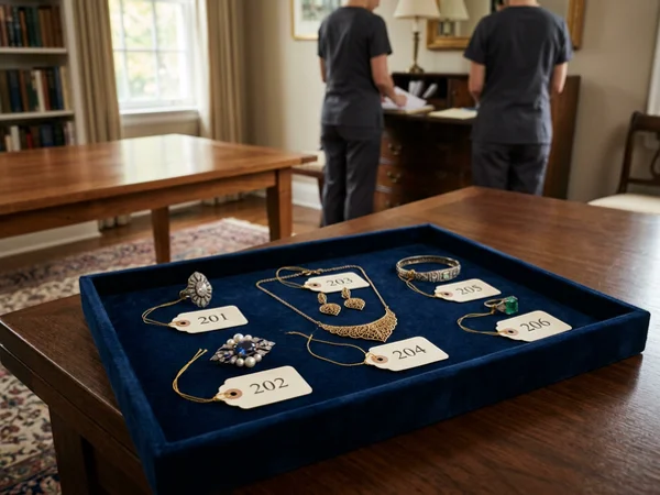 Estate jewelry tagged on a velvet tray for the inventory