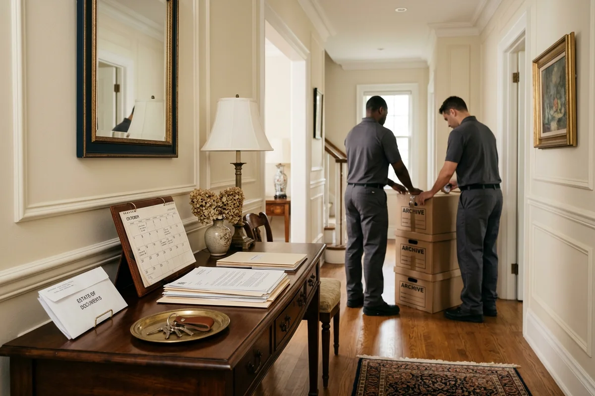 Estate papers, house keys and a calendar on a hall table while crew seal archive boxes