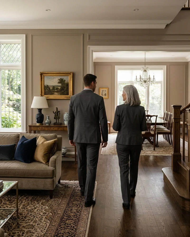 Executor and crew lead walking through a Forest Hill home during a consultation