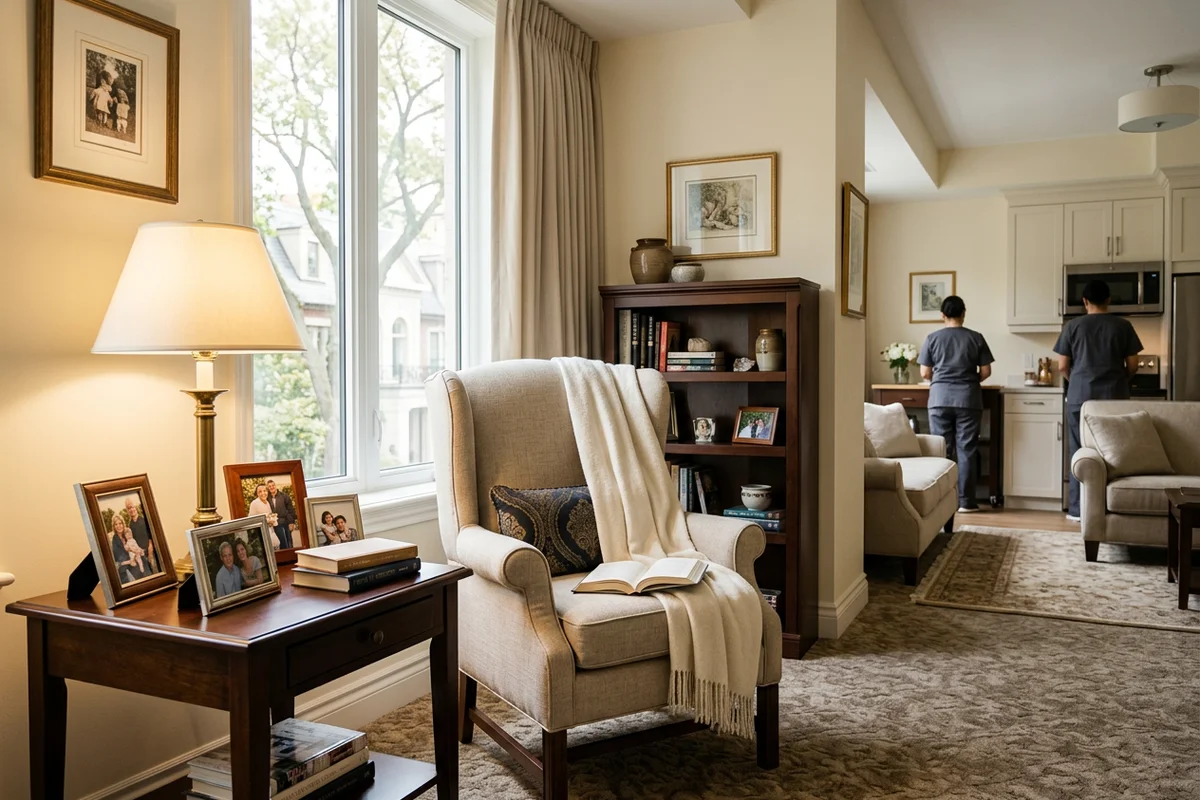 Assisted living suite set up with a familiar armchair and framed family photos