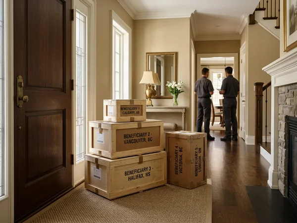 Labelled shipping crates for out-of-town beneficiaries