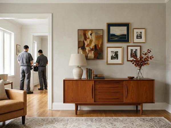Mid-century sideboard and paintings staged for inventory photography