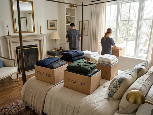 Linens and coats packed for donation