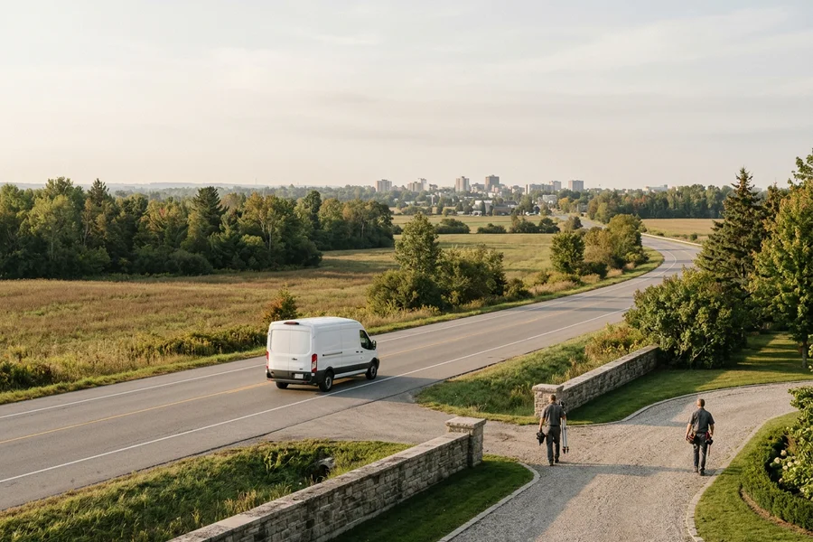 Plain white unmarked van on an Ontario highway on a clear morning